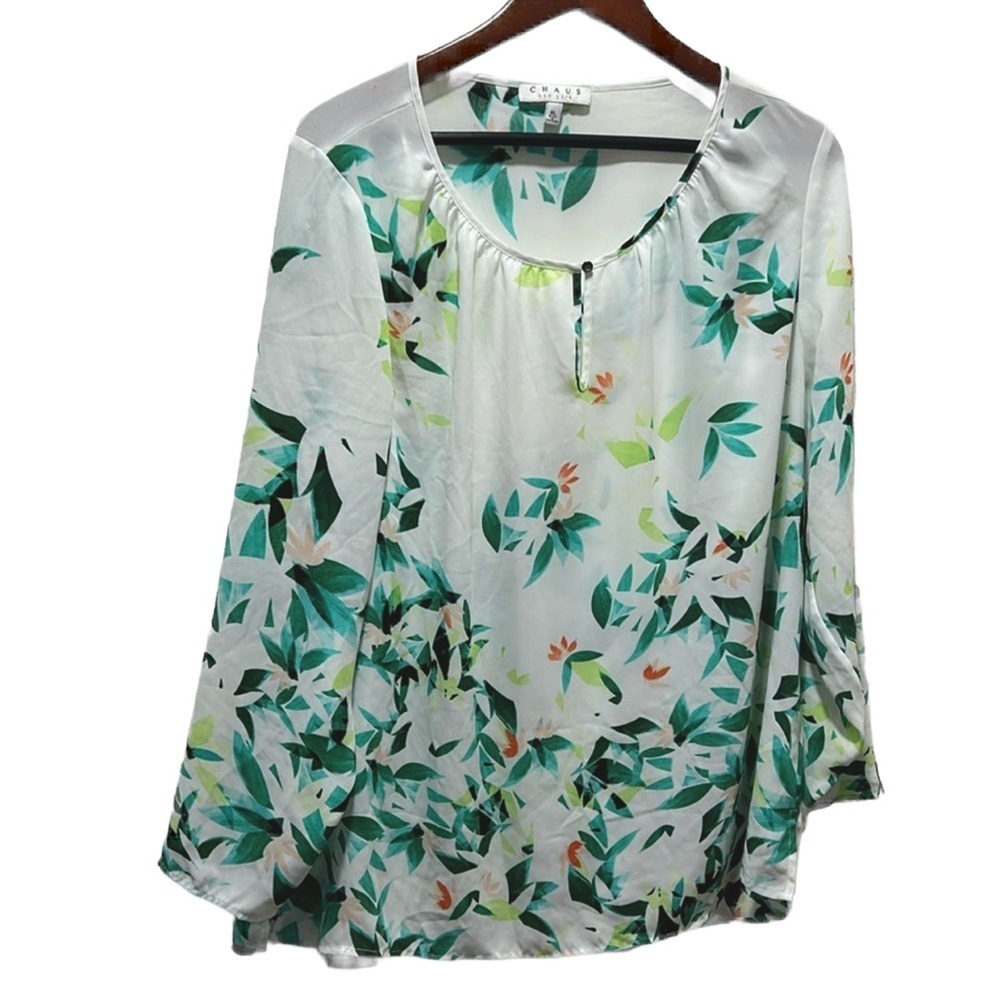 🌿CHAUS New York green & white color  leaves blouse size XL GUC